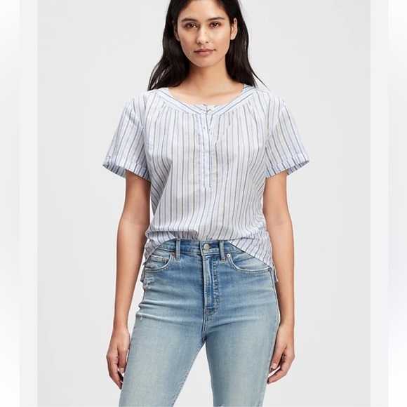 Gap Roll Sleeve Quarter Button Front Top Blue Striped 100% Cotton Women’s XL - Picture 1 of 11